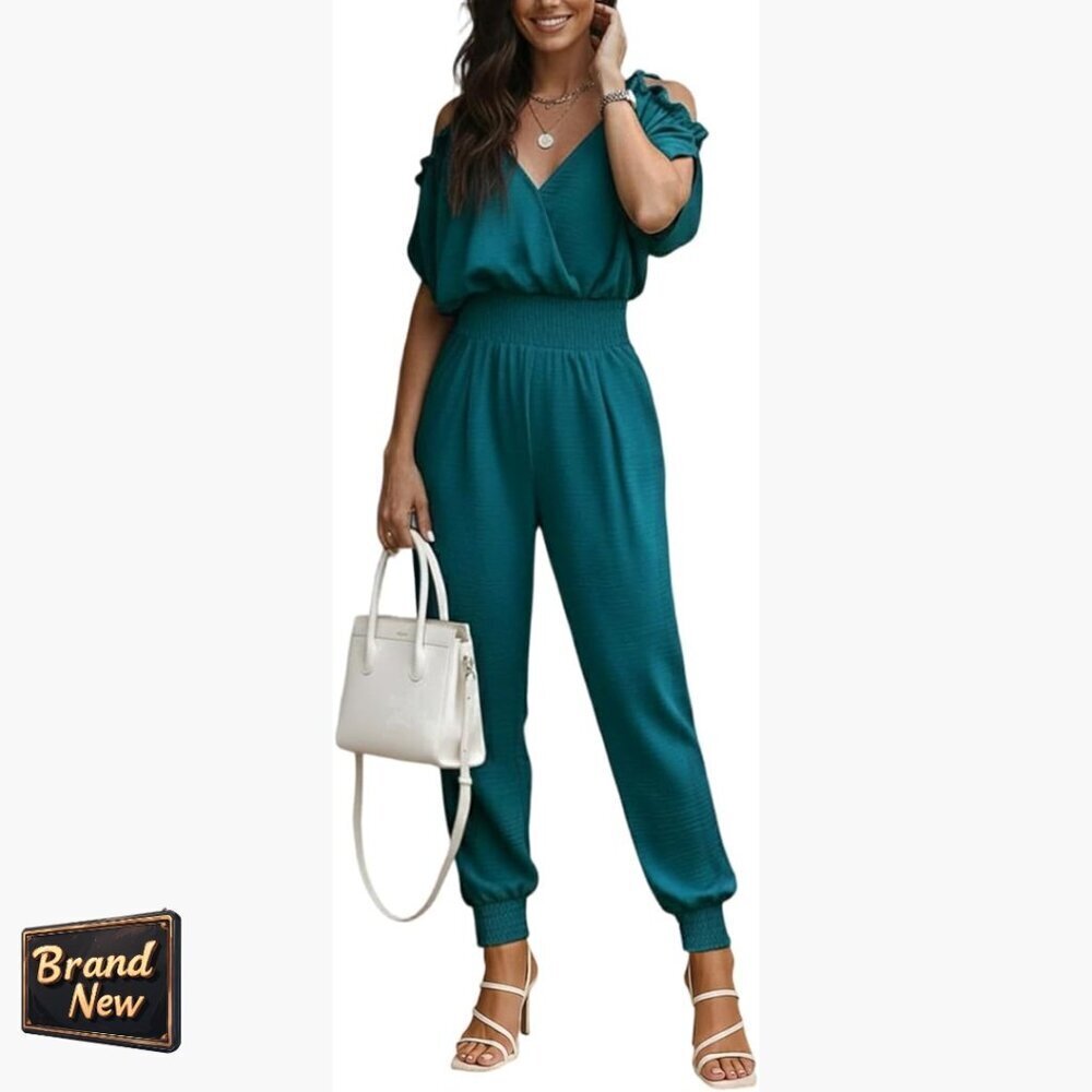 Large Cold Shoulder Jumpsuit, V-Neck, Elastic Waist, Long Pants, Polyester